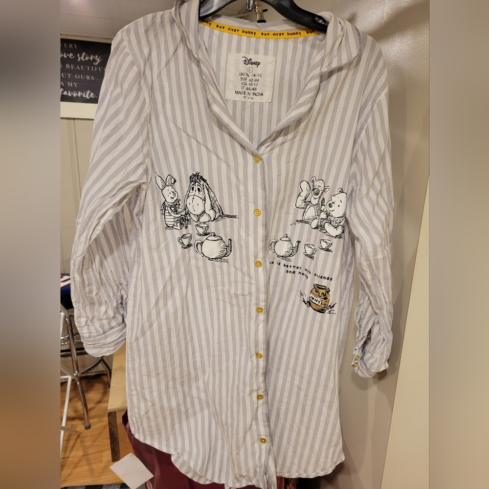 Disney Gray and White Striped Winnie The Pooh Night Shirt